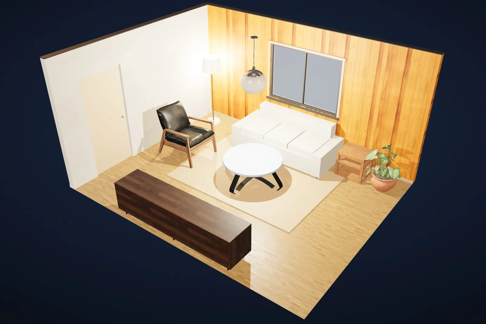 A Japandi living room designed in Roomcraft at golden hour: cedar slat wall, lime plaster, light oak floor, low sofa and round coffee table.