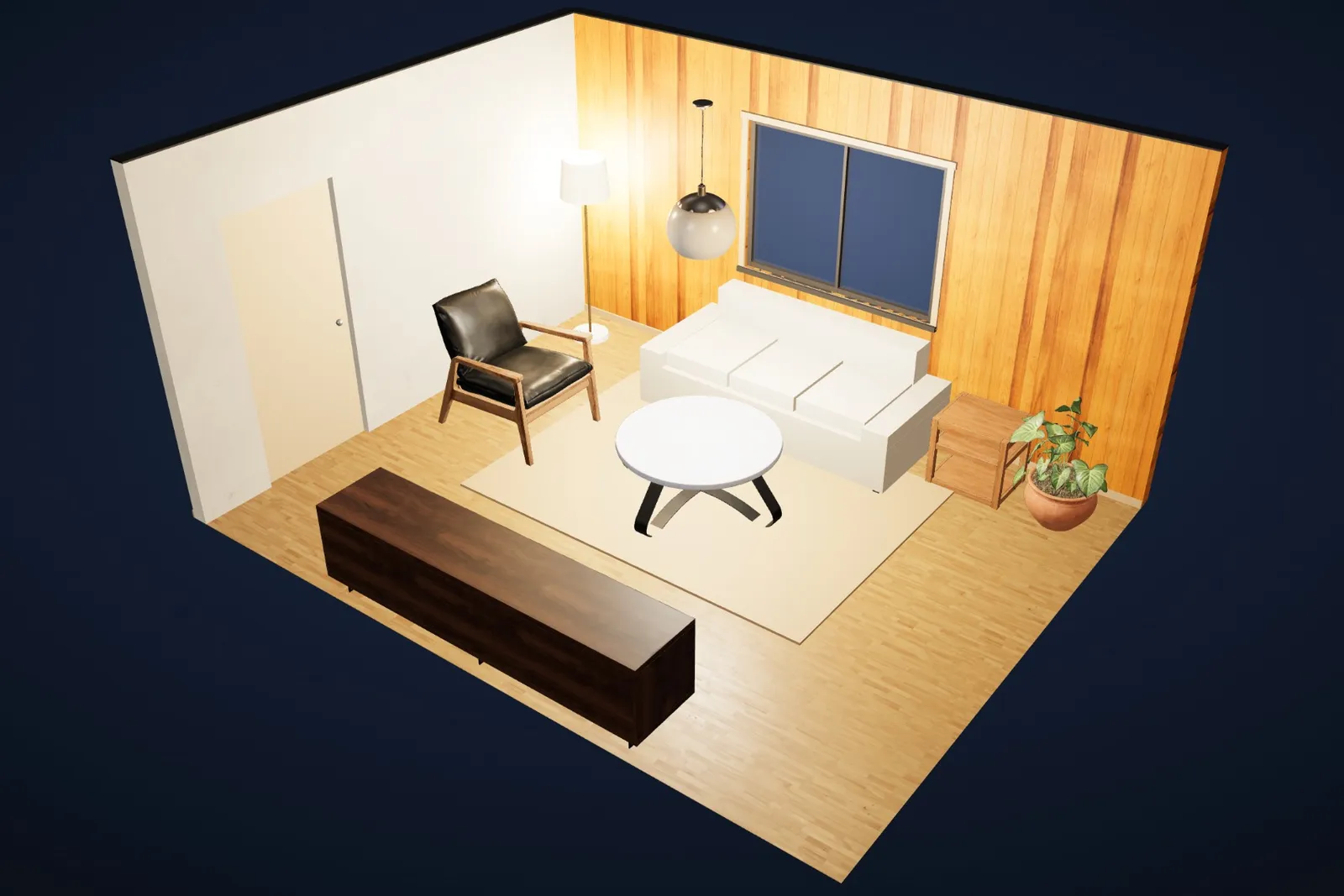 The Japandi living room lit for night (21:00).