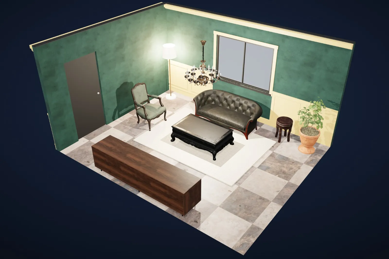 The same living room in the Art Deco style: deep green, brass trim, checkerboard.