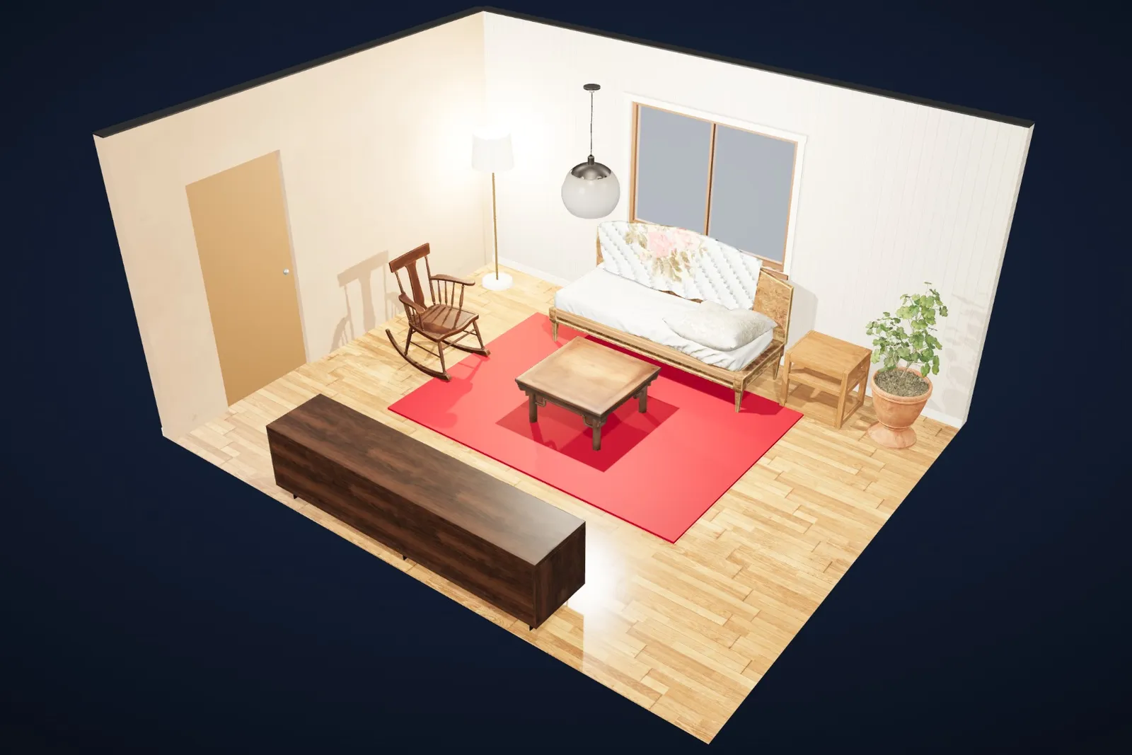 The same living room in the Bohemian style: terracotta walls, rattan, layered textiles.