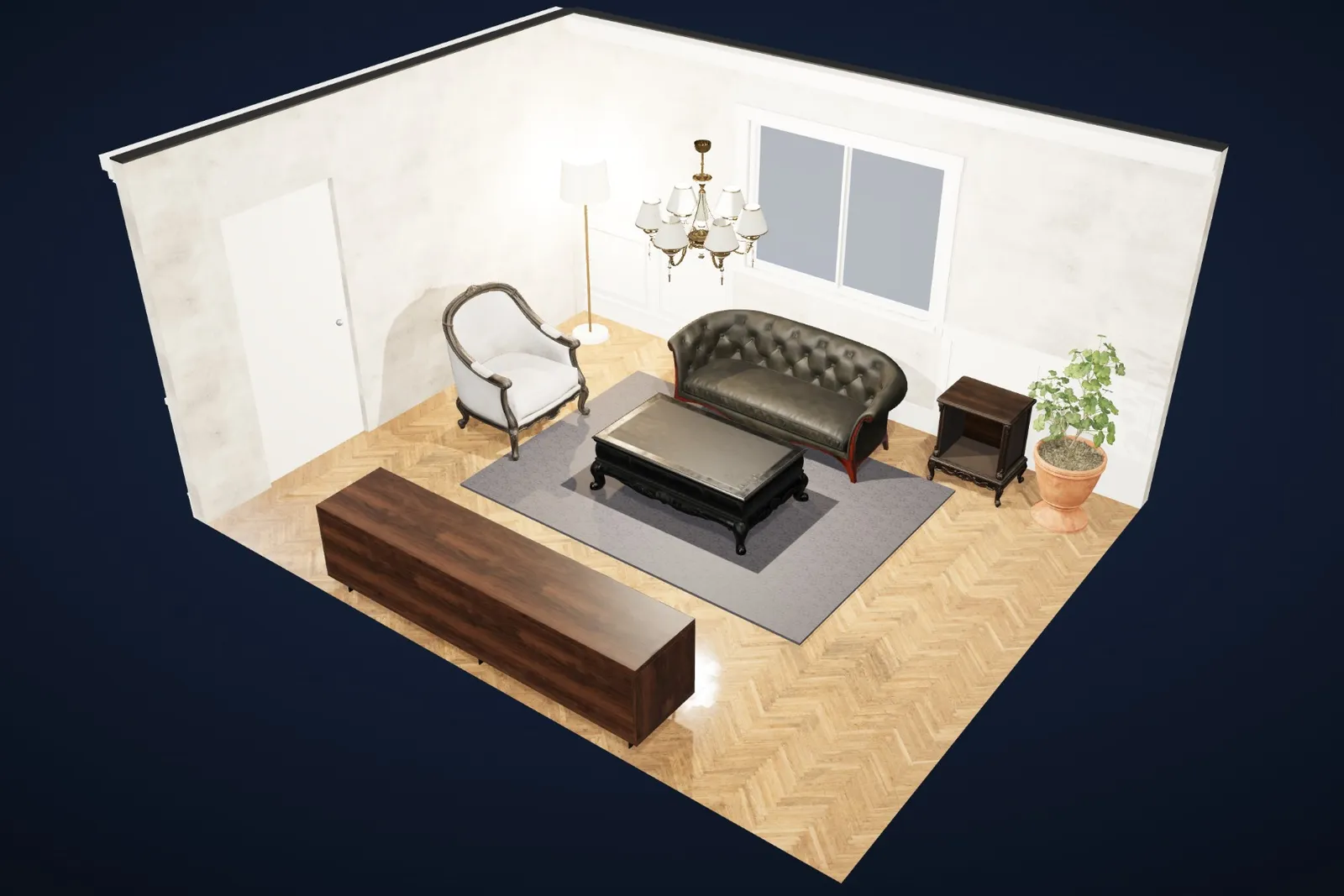 The same living room in the Classic style: panelled walls, deep cornice, herringbone.