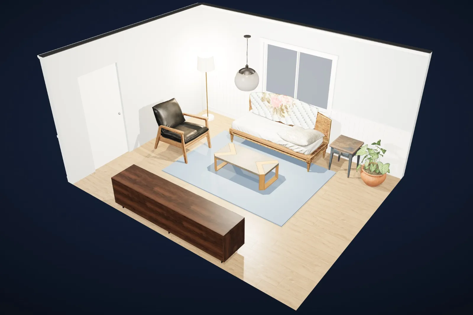 The same living room in the Coastal style: beadboard, sea-glass blues, washed wood.