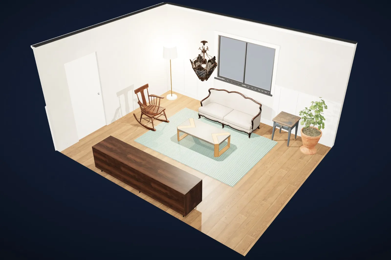 The same living room in the Farmhouse style: board-and-batten, beams, painted wood.