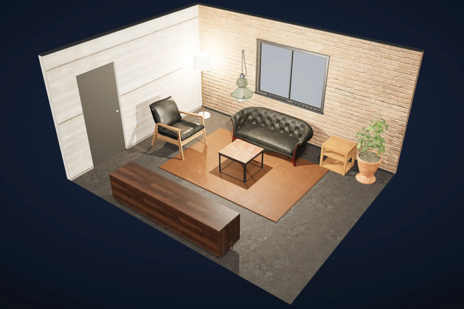 The same living room in the Industrial style: brick, concrete, steel and leather.