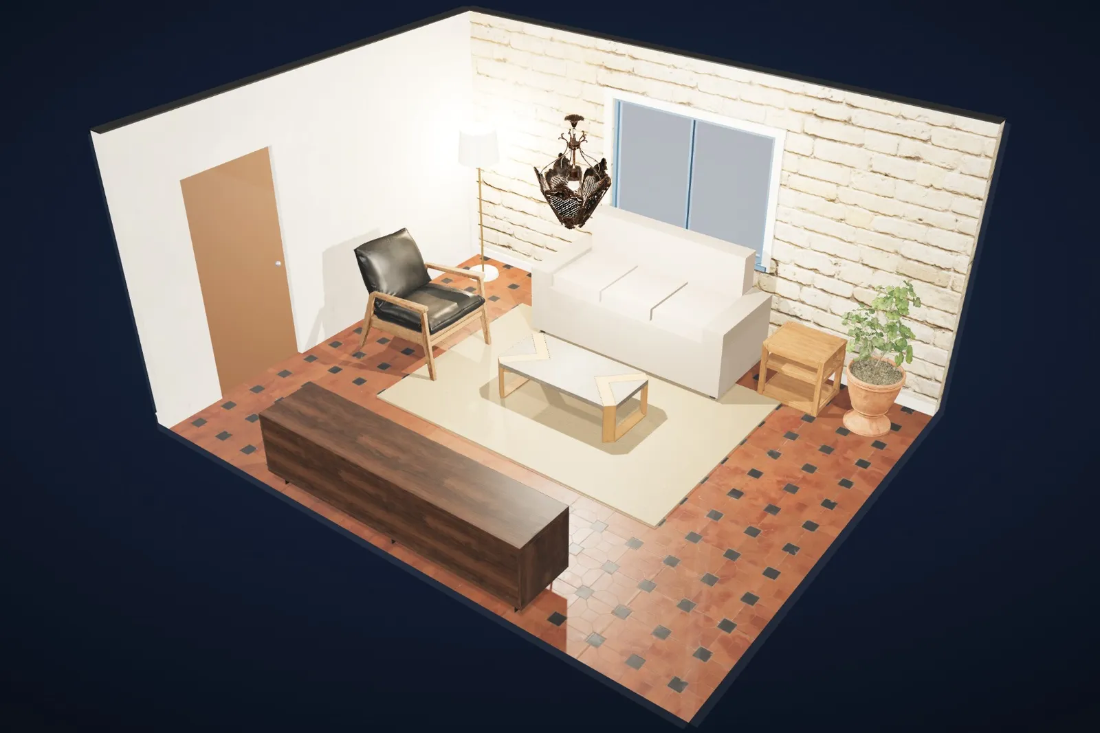 The same living room in the Mediterranean style: rough plaster, terracotta, blue frames.