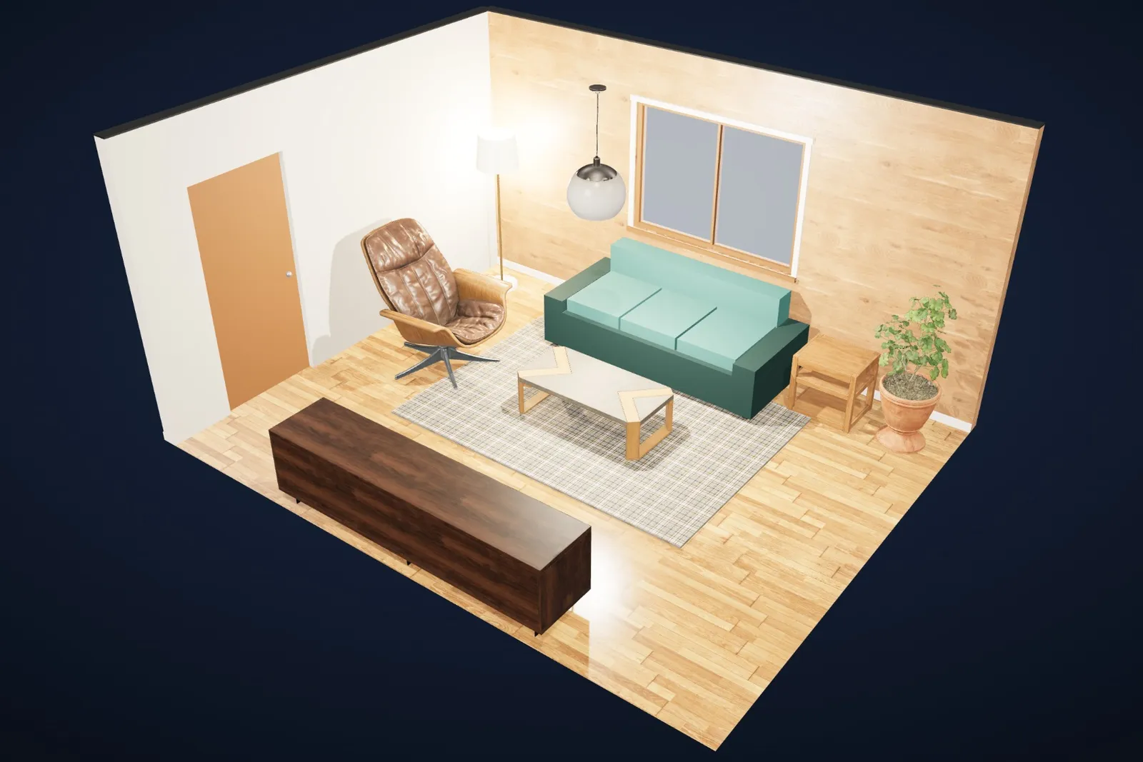 The same living room in the Mid-century modern style: walnut, teal and mustard, honey floors.
