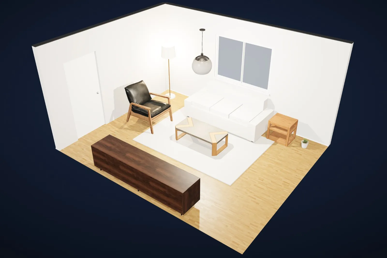 The same living room in the Minimalist style: all white, shadow-gap skirting, nothing extra.