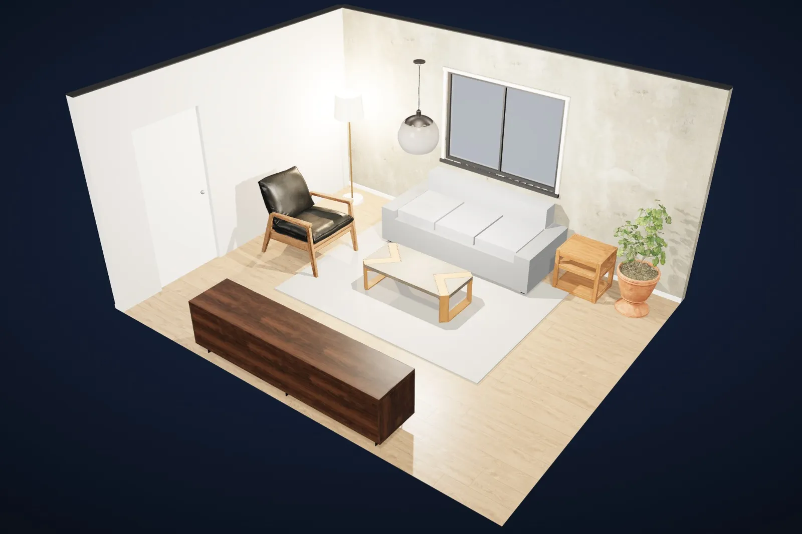 The same living room in the Modern style: clean lines, flush skirting, black window frames.