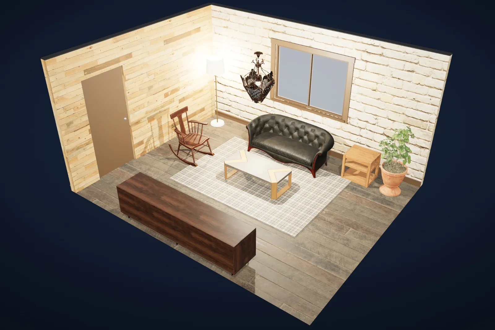 The same living room in the Rustic cabin style: timber walls, dark planks, heavy beams.
