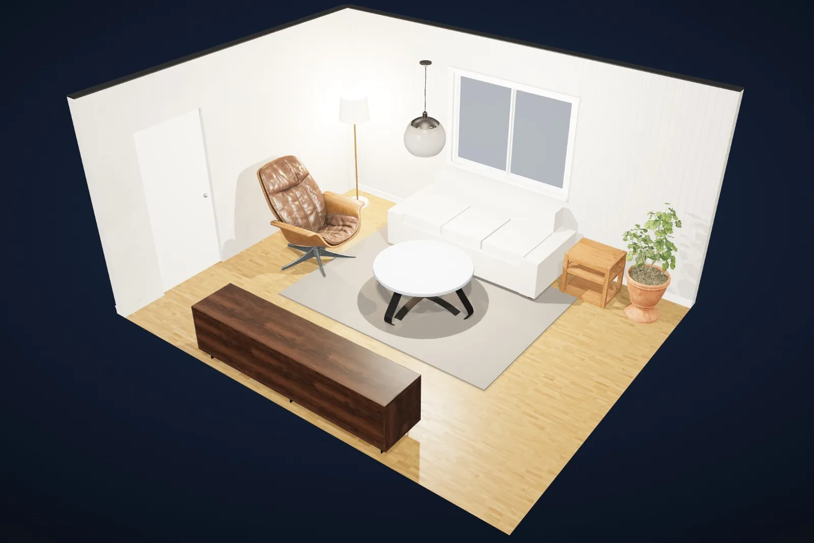 The same living room in the Scandinavian style: light oak, soft whites, simple white trim.